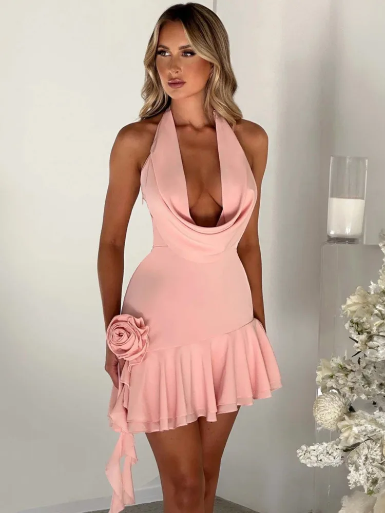 

Mozision Halter 3D Flower Backless Sexy Mini Dress For Women Fashion V Neck Sleeveless Ruffls Club Party Dress Elegant