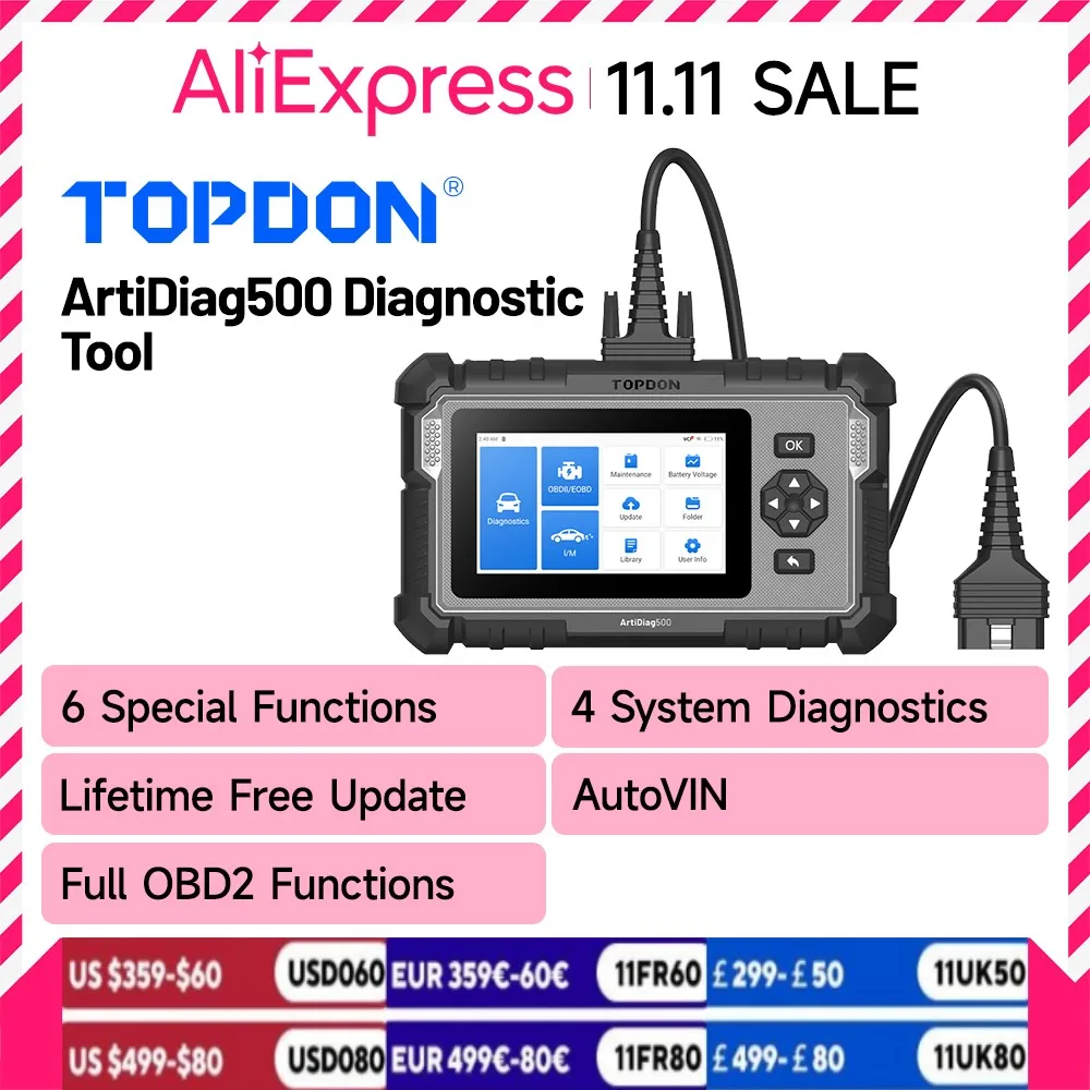 Topdon ArtiDiag500 Car Diagnostic Tool Full Systems OBD2 Scanner Engine Diagnostic ABS SRS Transmission Scan Tool Code Reader