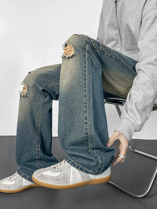 

American High Street Knife Hole Jeans Men's Spring Autumn Trendy Straight Leg Long Pants Casual Cotton Polyester Blend