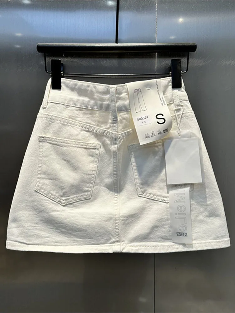 Summer White Beaded Appliques Denim Skirt For Women French Casual Fashion Simple Elegant High Waist A-line Split Short Skirts