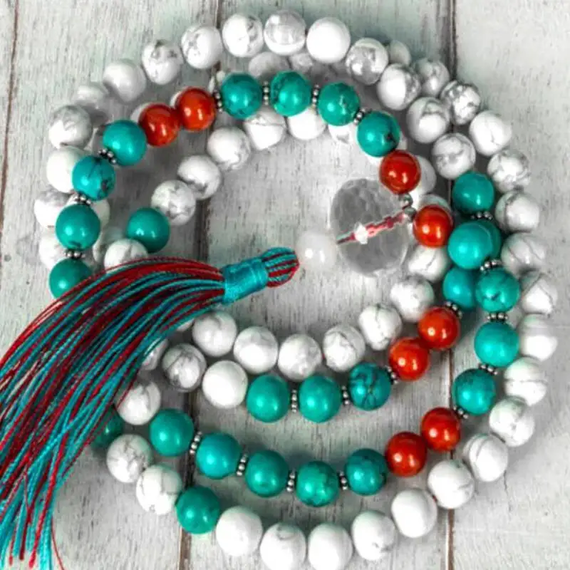 

Natural Turquoise & White Howlite 108 Beads Mala Necklace with Teal Tassel Spiritual Meditation Jewelry