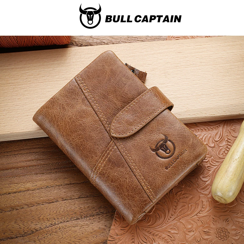 BULLCAPTAIN Men's Genuine Leather Wallet Retro Casual Snap Tri-fold Cash Clip RFID Anti-Theft Card Holder Detachable Coin Holder