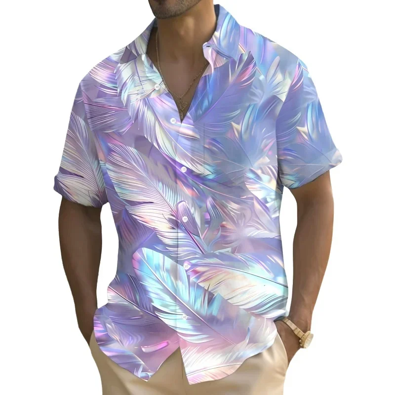 

Men's Summer Hawaiian Shirt Floral Short Sleeve Golden Feather Print Casual Top Fashion Button Clothing