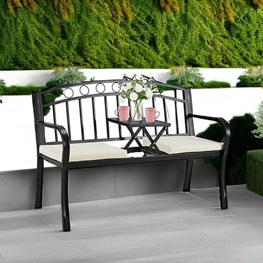 2 - Seat Outdoor Bench for Backyard, Lawn, Deck, Entryway - Steel Frame, Black - Pullout Middle Table & Cushion
