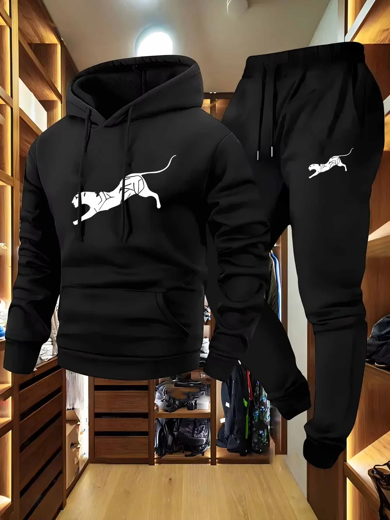 

Men's Geometric Print Hoodie And Black Joggers Set Casual Sportswear with Pockets Stylish Red Sweatpants for Comfortable Wear