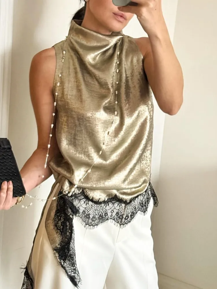 Women's New Temperament Commuting Solid Color Top Spring And Summer Fashion Sexy Wind Lace Edge Sleeveless Slim Versatile Vest