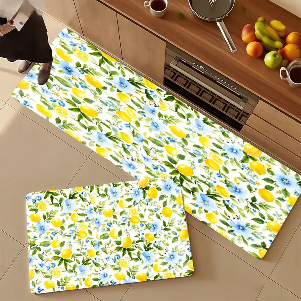 3PCS Mat Set,  Home Decoration for Front Door, Kitchen,  Yellow Blue Flower Pattern Print On Green Background Kitchen Rug.