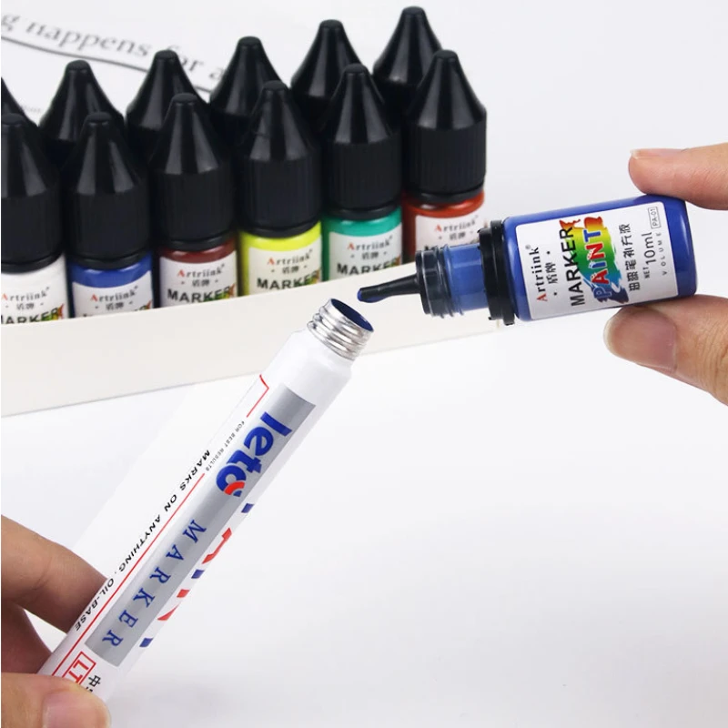 12Color 10ml Paint Pen Ink Oil-based Waterproof Sun Resistant Marker Pen Universal Colorful Ink Supplement Solution Art Supplies