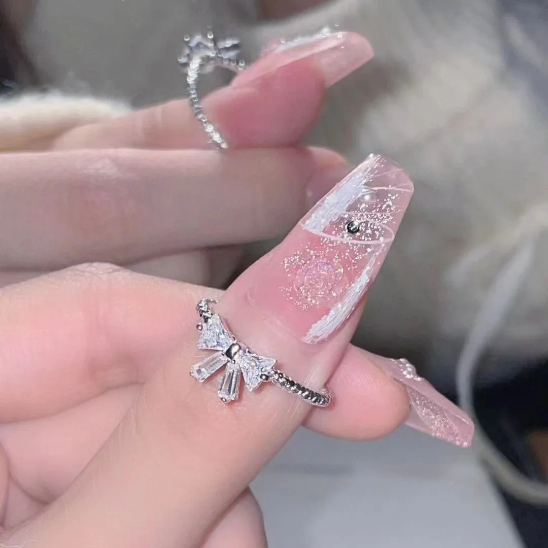 1/2pcs Arrived Romantic Lovely White Bowknot Rings Female Exquisite Jewelry Ring with Shiny Bow Tie Zircon for Party and Dating