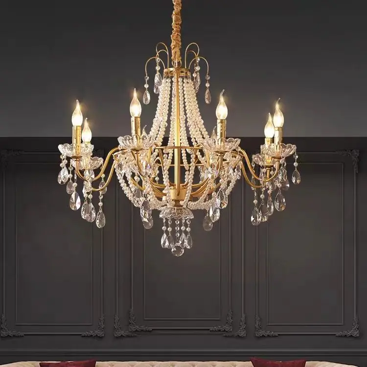 American Crystal Lamp French Retro Style Pearl Chandelier Middle Villa for Living Room Dining Room Bedroom Duplex Chandelier