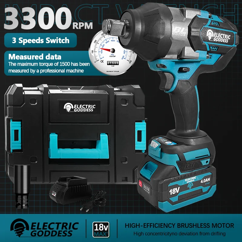 Electric Goddess Brushless Impact Wrench 3/4 Inch Maximum Torque 1500N M Cordless Impact Electric Wrench 18-21V Makita Battery