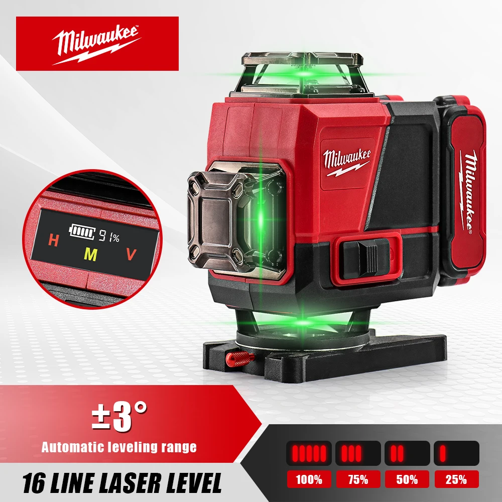 

Milwaukee Laser Level Self-leveling Laser Level 360 Professional 16 Lines Green Laser Cross Line Laser Tile Construction Tools
