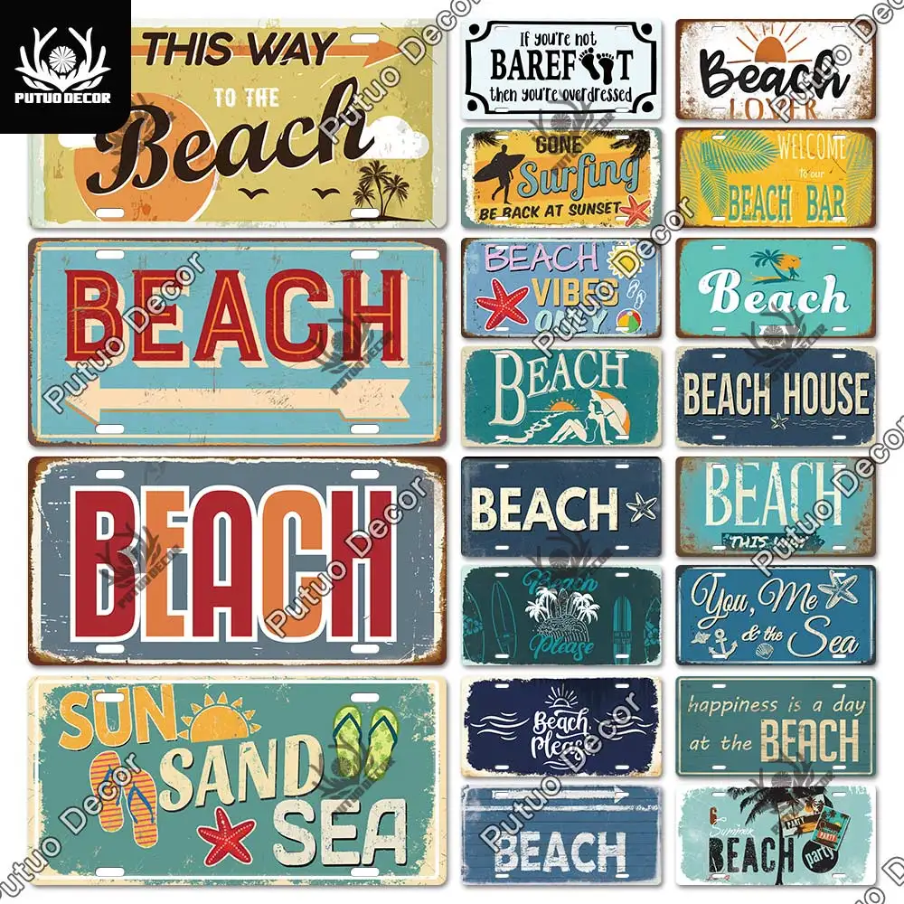 

Putuo Decor Beach Retro Tin Sign Licenses Plate Plaque Metal Vintage Poster for Pub Bar Surf Club Man Cave Wall Art Decoration