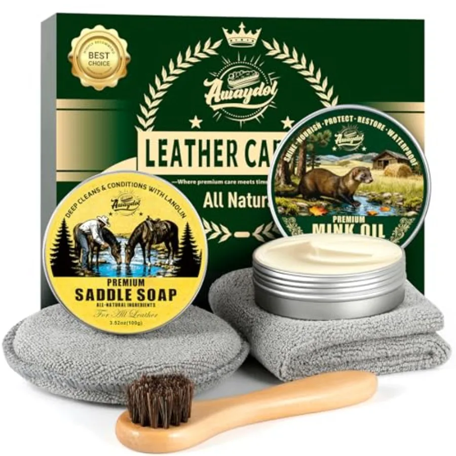

Leather Boot Care Kit - Mink Oil, Saddle Soap, Horsehair Brushes, Applicator and Microfiber Cloth, Flannel bag, Leather Shoe Ca