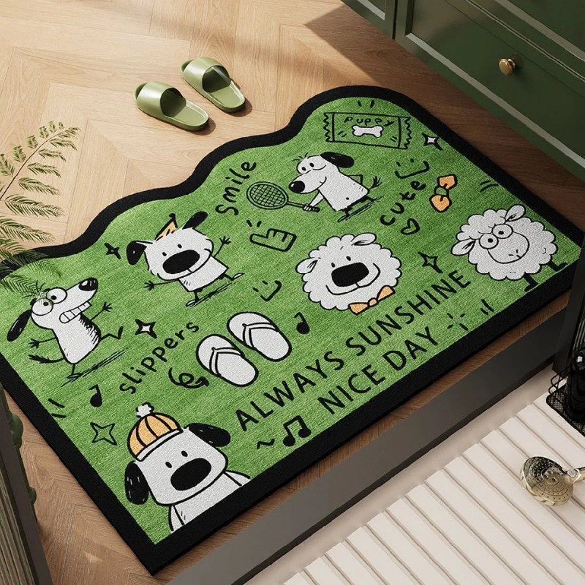 B14LYX Vintage Sketch Puppy Pattern Irregular Edge Bath Mat Green Tone Art Print Entryway Floor Carpet Home Decor Present