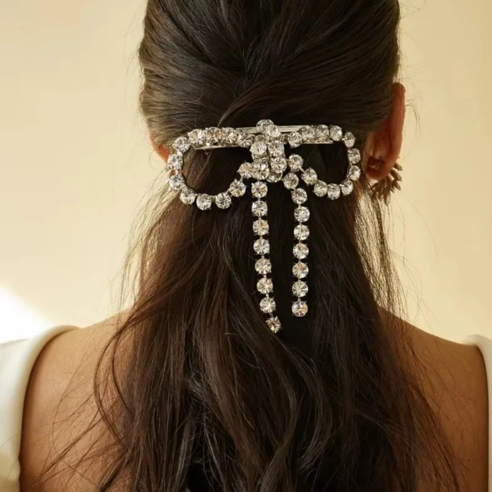 

Fashion Vintage Ponytail Hair Clip Elegant Luxury Rhinestone Bow Hairpins Jewelry Accessories Exquisite Tassel Spring Clip Party