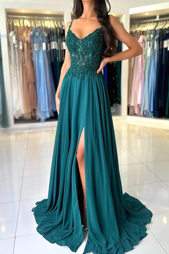 Sunnye 2024 Spaghetti Straps A-line Lace Evening Dress Green Chiffon Prom Gown Elegant Sweetheart Side Slit vestidos de fiesta