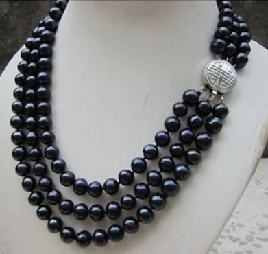 

HOT 3 ROW 9-10MM TAHITIAN GENUINE BLACK PEARL NECKLACE