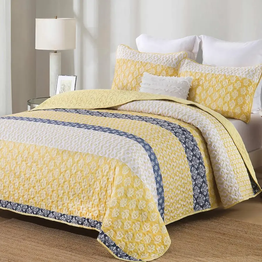 

Boho Quilt Set Queen Size Yellow Striped Bedspread Lightweight Soft Microfiber Bedding Set 96x90 3 Pieces