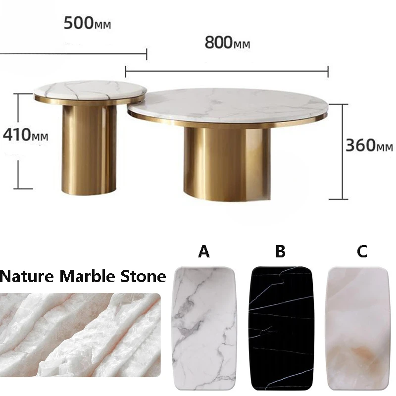 모던 대리석 커피 테이블, 둥근 작은 네스팅 테이블, 거실 소파 코너 테이블, 럭셔리 골드 스테인레스 스틸 베이스 테이블