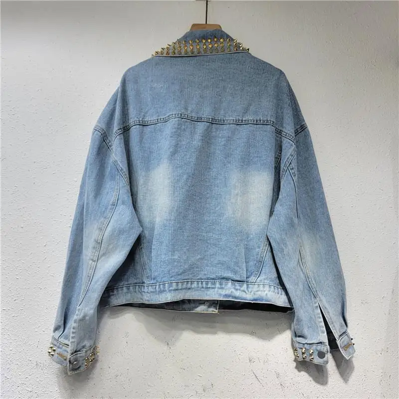 European Station 2023 Spring and Autumn New Heavy Industry Diamond Bead Sequin Bubble Sleeve Denim Short Jacket Women's Cross-bo