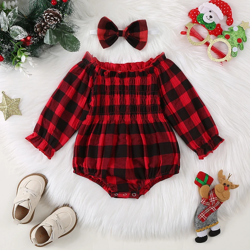 Autumn Christmas Newborn Girl Outfit Long Sleeve Off Shoulder Plaid Bodysuit Hairband Fall Xmas Clothes