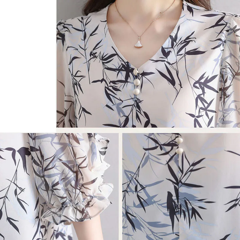 Blusa feminina estampada com decote em V, camisa manga 3/4, roupa feminina, miúdo solto, emendado, trajeto, moda, verão