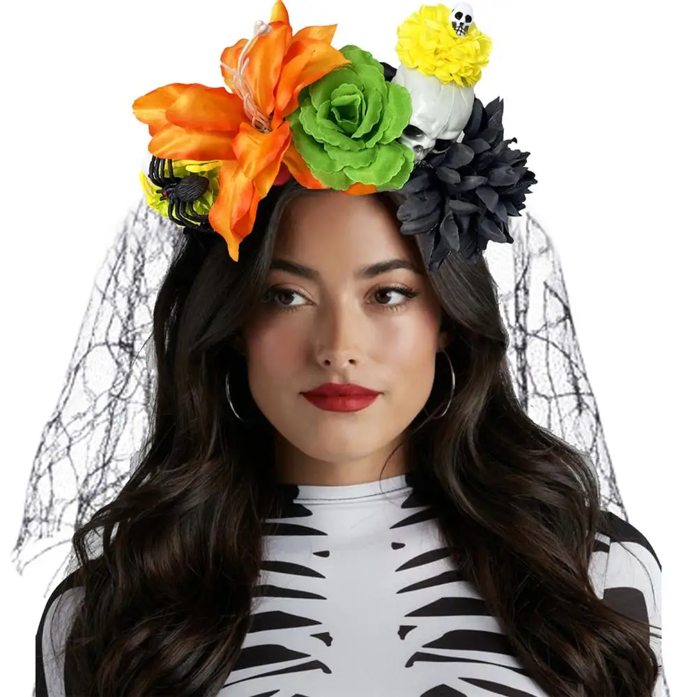 

Повязка на голову с цветочной короной в виде Дня мертвых, череп и призрак, преувеличенный головной убор с розой на Хэллоуин и черная вуаль, аксессуары для вечеринок