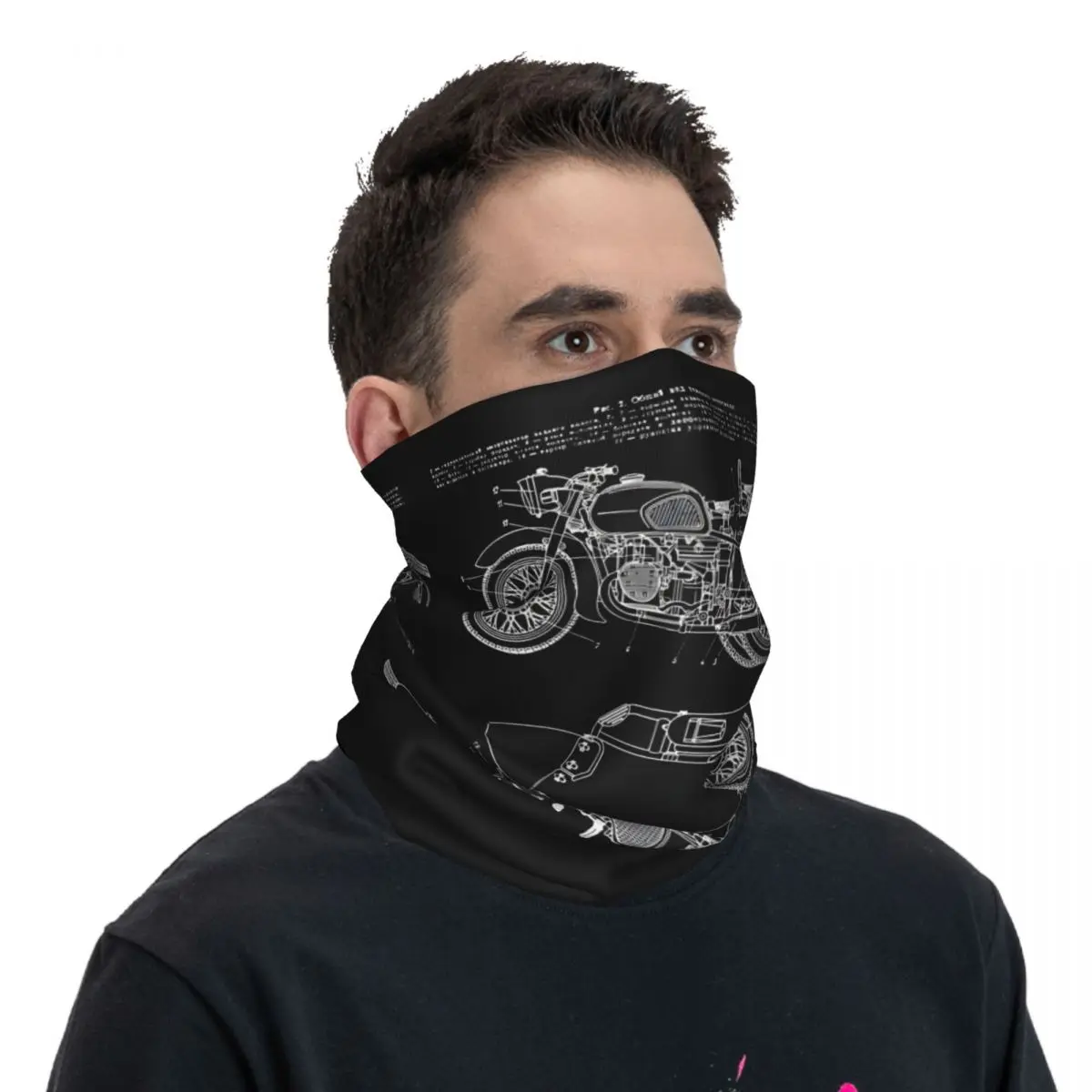 Vintage KMZ Dnepr-12 Motorcycle Diagram (White - Black Background) Ural Bandana Neck Gaiter Printed Motorcycle Club Face Scarf