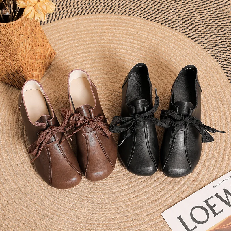 Spring Oxford Low Heels Shoes For Women Lace Up Pumps Woman Handmade Genuine Leather Shoes Ladies Round Med Heels Dressy Shoes