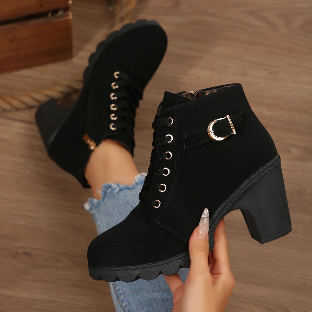 Women's Boots Retro Suede Casual Boots Lace Up High Heeled Boots Classic Womens Ankle Boot 2026New Short Booties Bottines Femmes