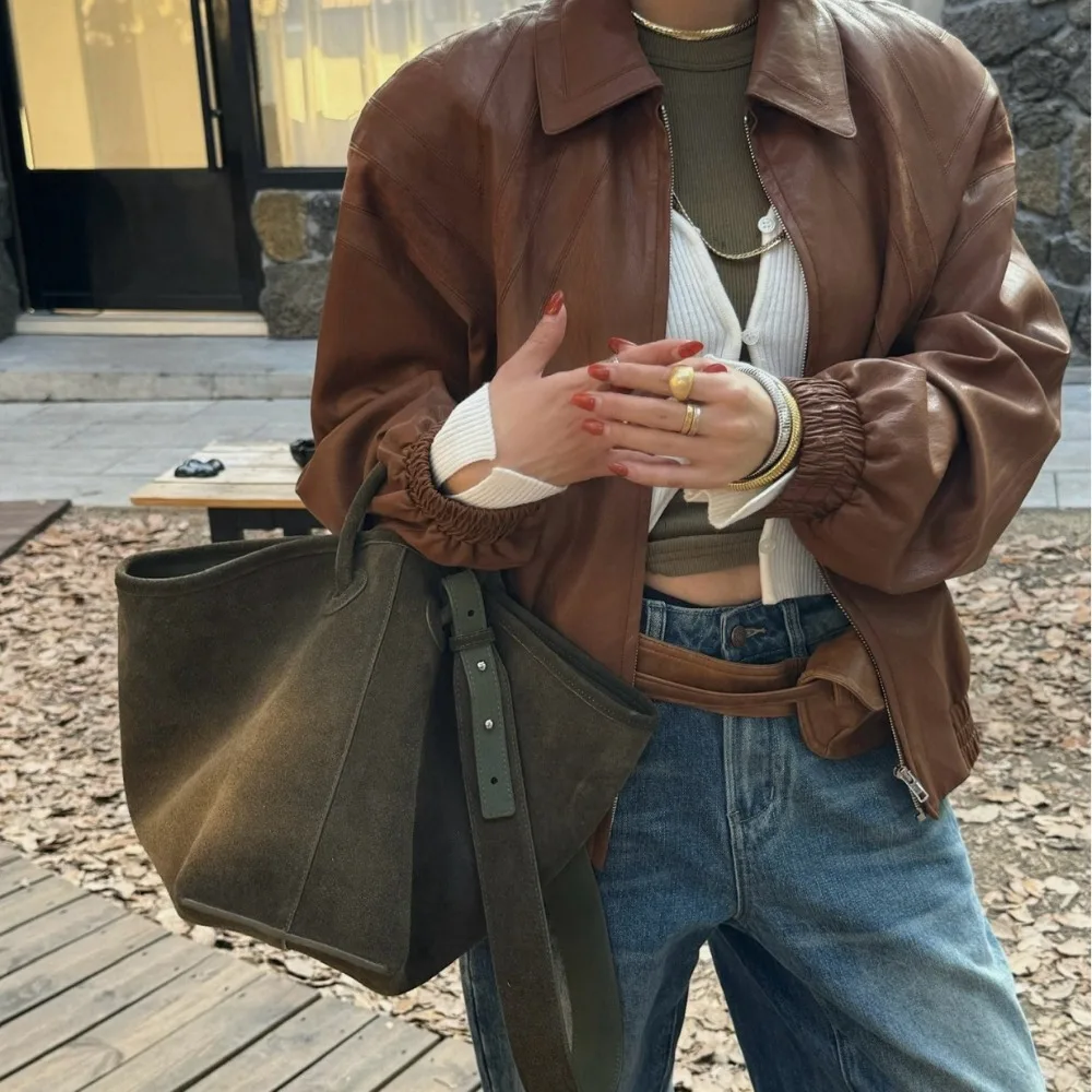 

Матовая сумка-браслет из воловьей кожи в стиле ретро, большая вместительная простая универсальная сумка-тоут для отдыха, женская сумка-корзина для овощей
