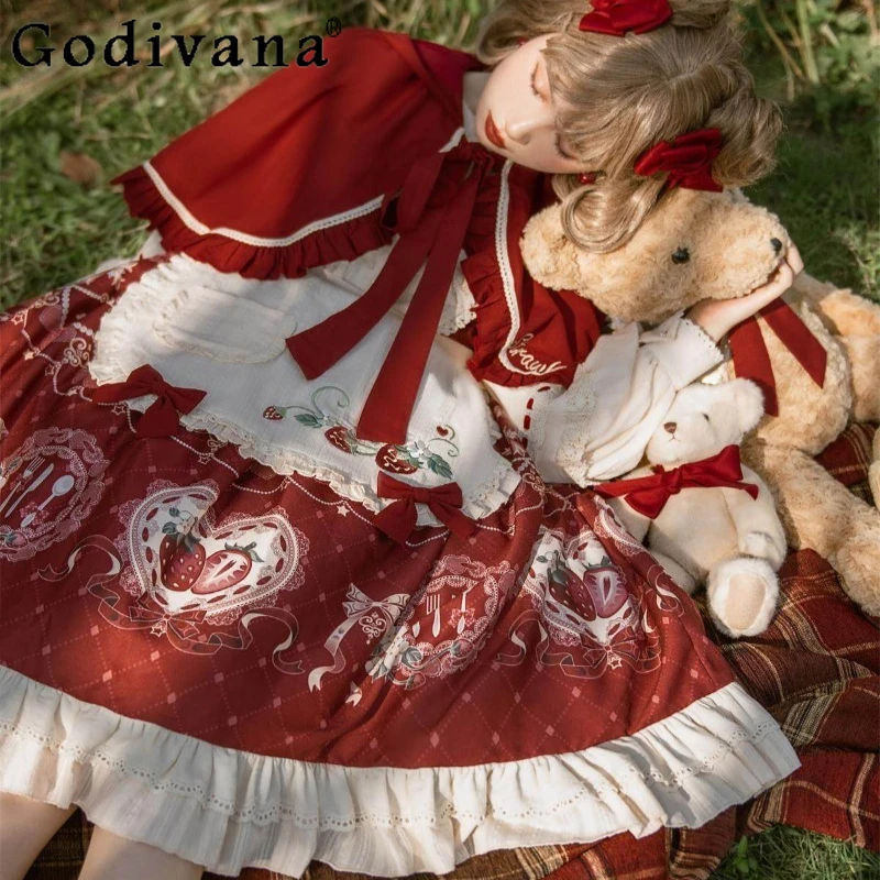 

Girls Sweet Dress Red Apron Cape Two Pieces Set Women's OP Christmas New Year Dress Suit Female Long Sleeve Lolita Outfits