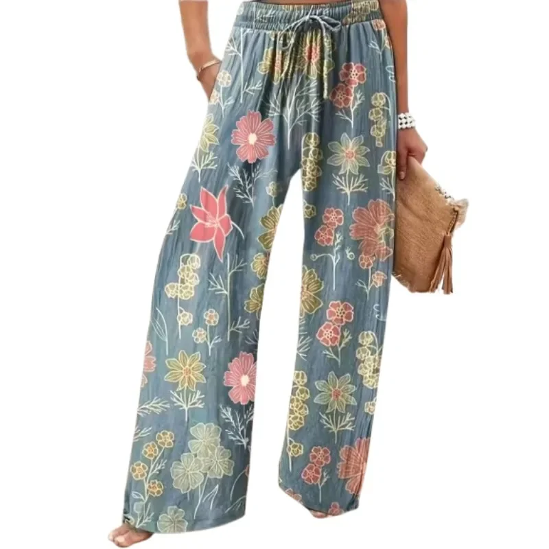 Plus size 1xl-5xl feminino verão multicolorido retro floral impresso calças casuais 3d impresso calças casuais femininas