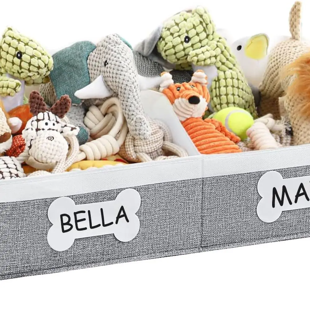 

Складная тканевая корзина для игрушек для собак со съемным перегородкой, серо-белая, идеально подходит для хранения товаров для домашних животных в гостиной