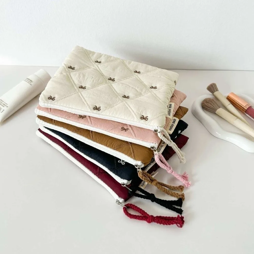 Portable Quilted Design Cosmetic Bag Large Capacity Embroidered Bow Stationery Bag Multifunctional Coin Purse