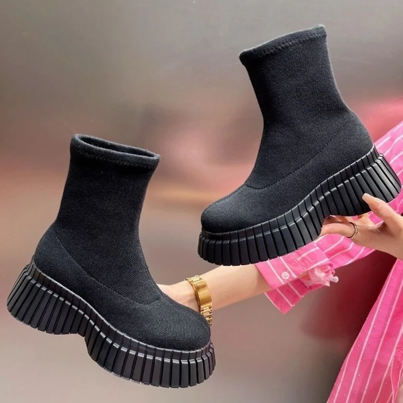 Pink Ladies Elastic Boots New Shoes Slip on Fashion Women Sock with Wedges Shoes Footwear Platform Botines Mujer Ankle Boots