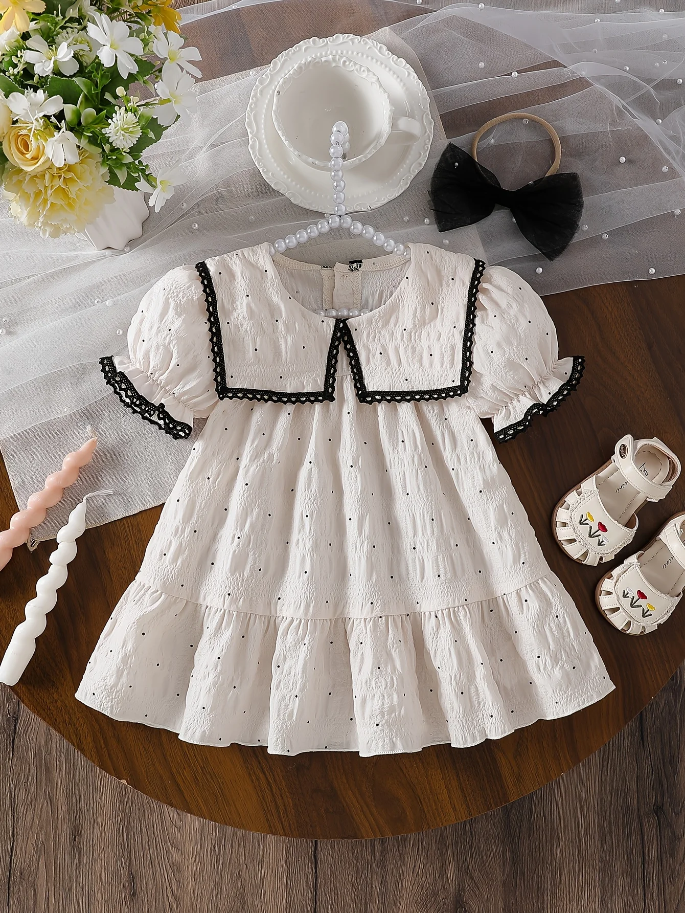

White dress: Puff Sleeves + Black Lace Trim + Ruffled Hem | Valentine's Day Gift / Baby Birthday Gift