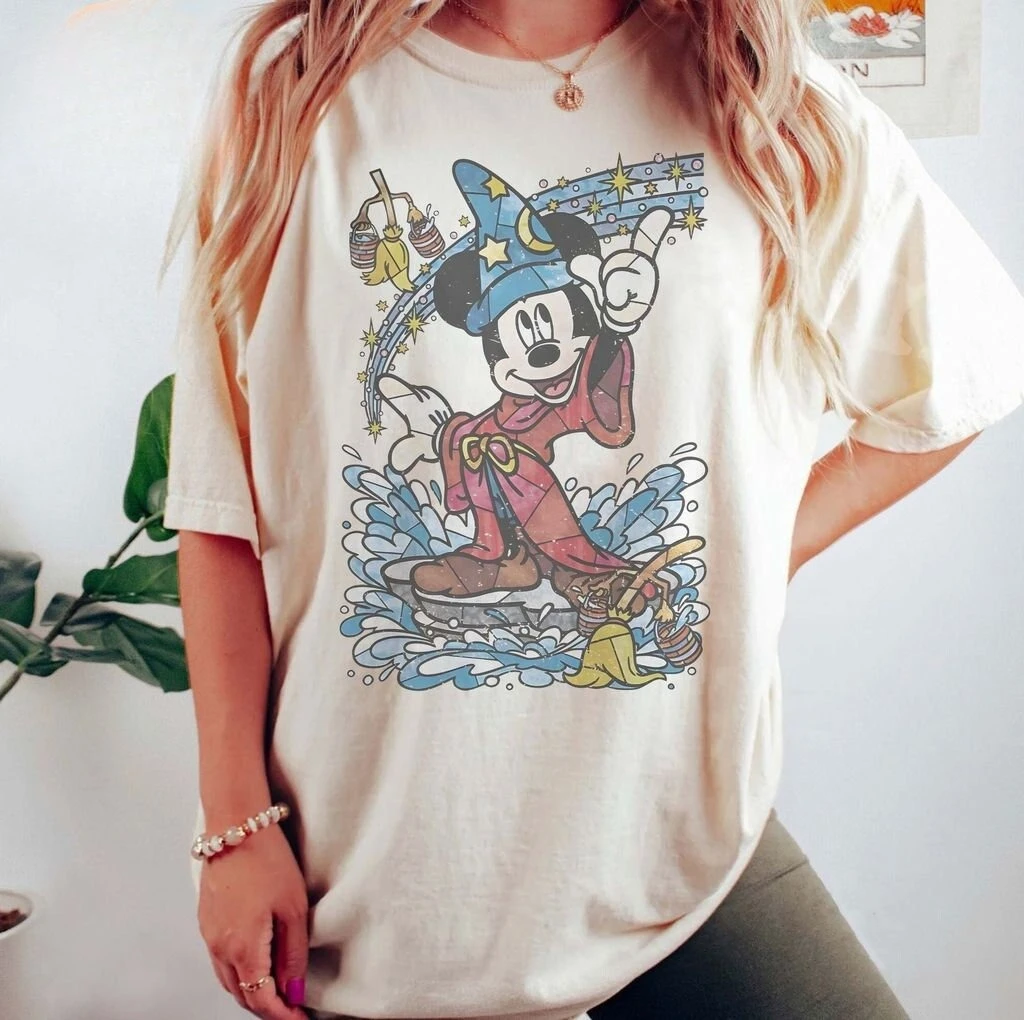 Disney mickey mouse mago mágico camiseta feminina vintage algodão manga curta unisex streetwear oversized solto casual elegante