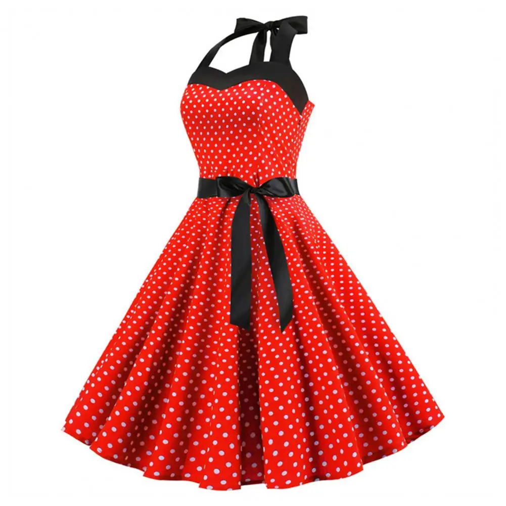 Dress Vintage Pin-up wanita, Gaun Midi leher Halter Retro 50s 60s dengan Detail renda dekorasi pita A-line pesta Prom Retro