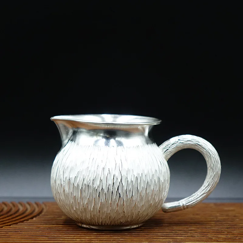 Yunnan silverware 999 silver tea set vertical pattern set teapot divided into tea ware fair cup teapot handmade silver gift