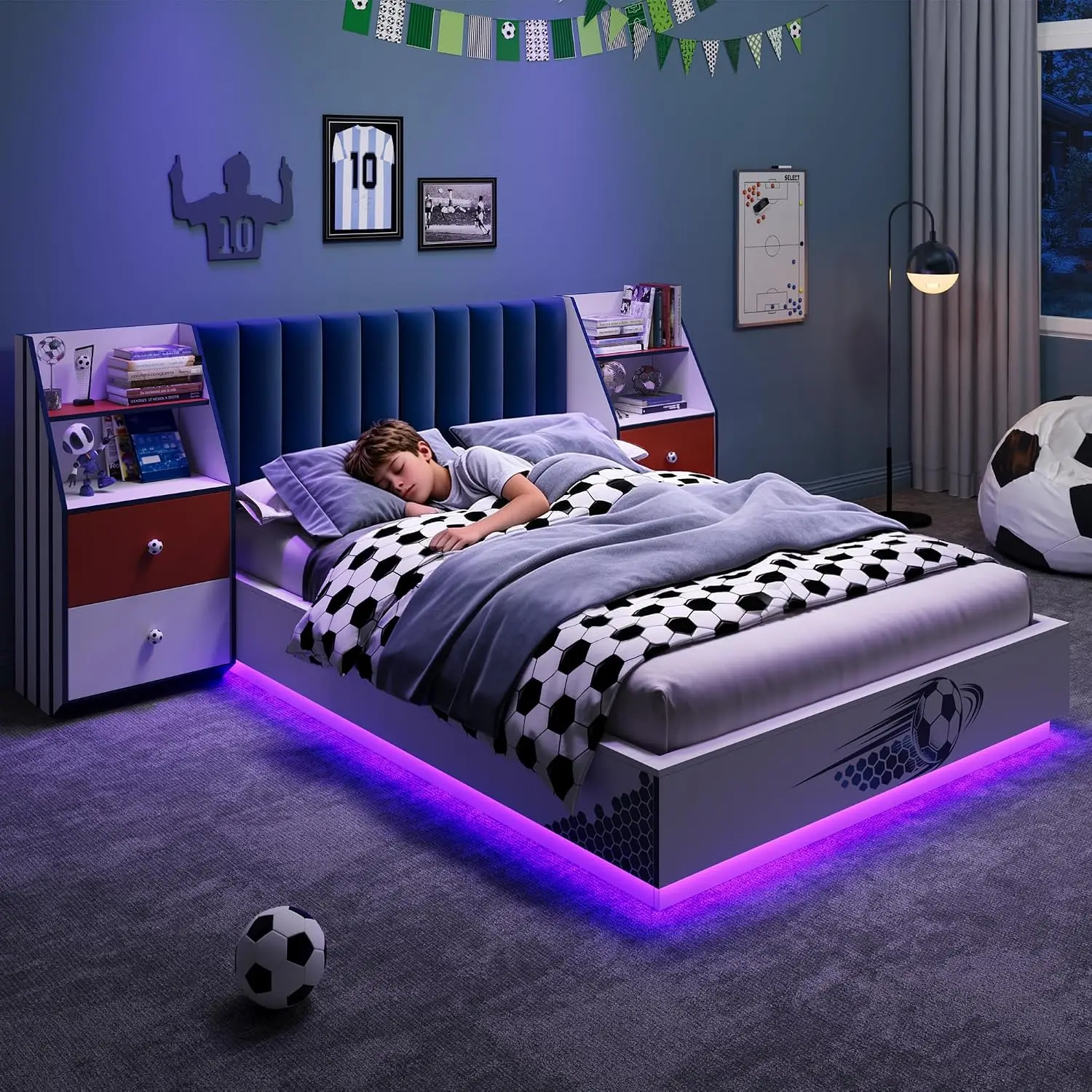 Full Size Floating Bed With Velvet Headboard, LED Lights, 2 Nightstands, Wood Slat, No Box Spring, White/Blue, Customized view 2