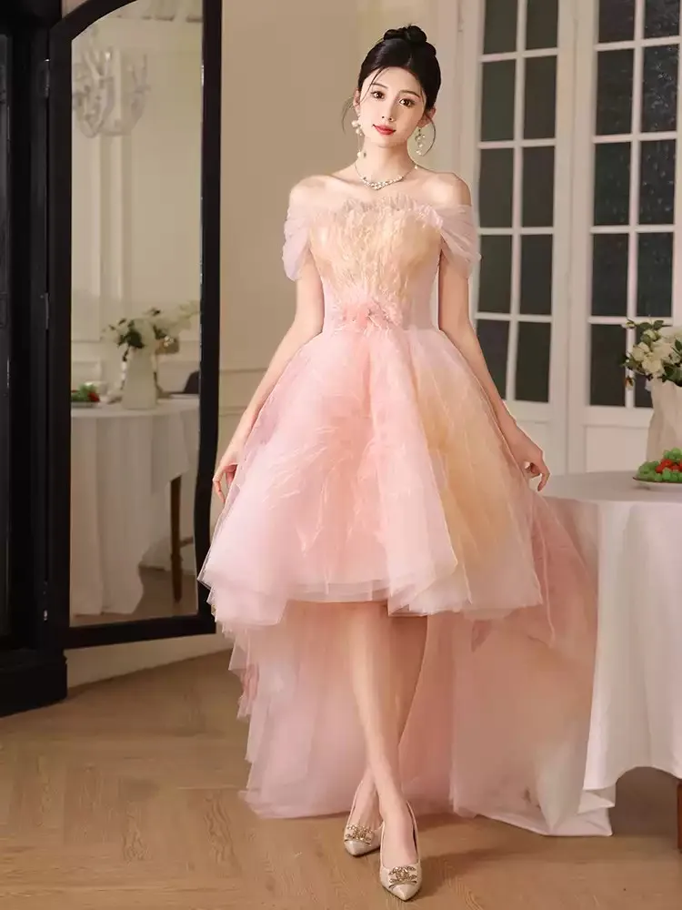 Vestido de fiesta Hi Lo, vestido de baile rosa con hombros descubiertos, con cordones en la espalda, capas de tul, bordados florales, vestidos de fiesta L & P DQL Studio