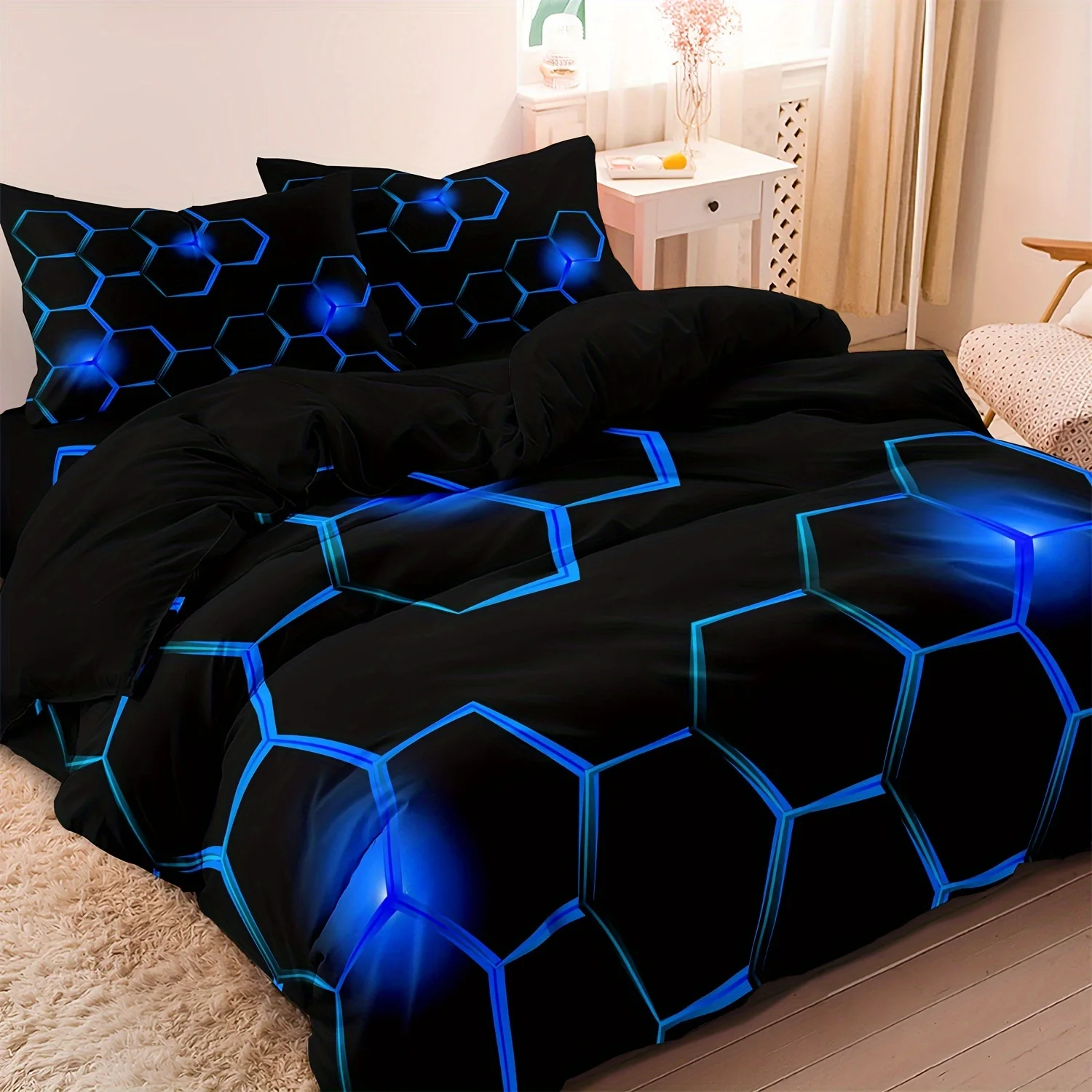 2026 3Pcs Blue Black Geometric Honeycomb Pattern 3D Print Quilt Cover Set Soft Comfortable Doona Duvet Cover for Bedroom