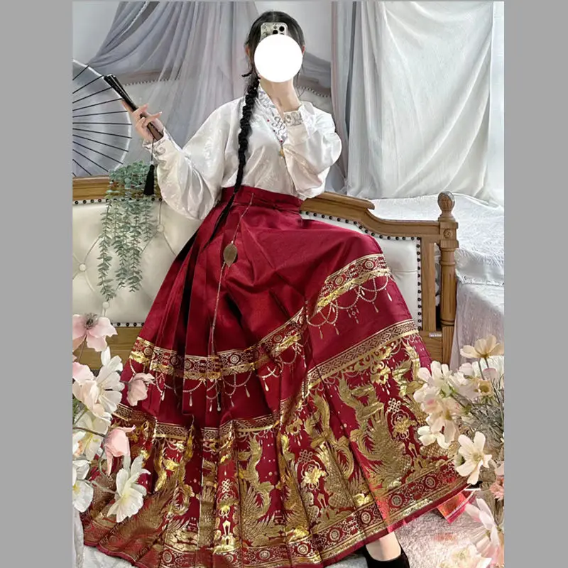 Original Hanfu Skirt Women Chinese traditional Costume Mamianqun Ming Dynasty Weaving Gold Horse Face vest Skirt Daily Dress