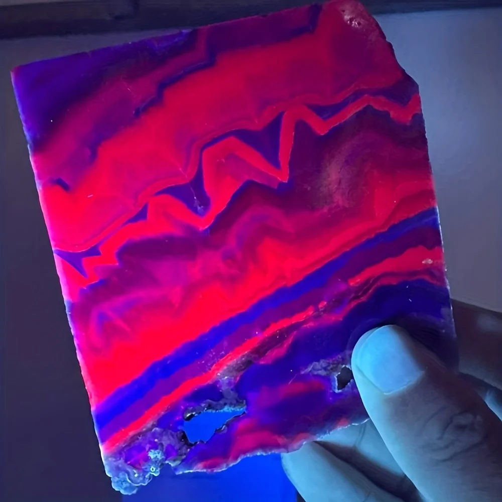 1pc Black Rose Feather Fluorite Slice - UV Reactive Stone with Red & Purple Marble Pattern, Dark Blue & Green Marble Texture