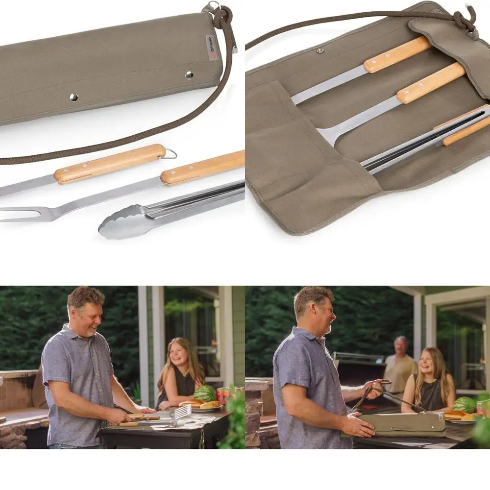 

3-Piece BBQ Roll-Up Set with Green Canvas and Beechwood Tools for Outdoor Grilling
