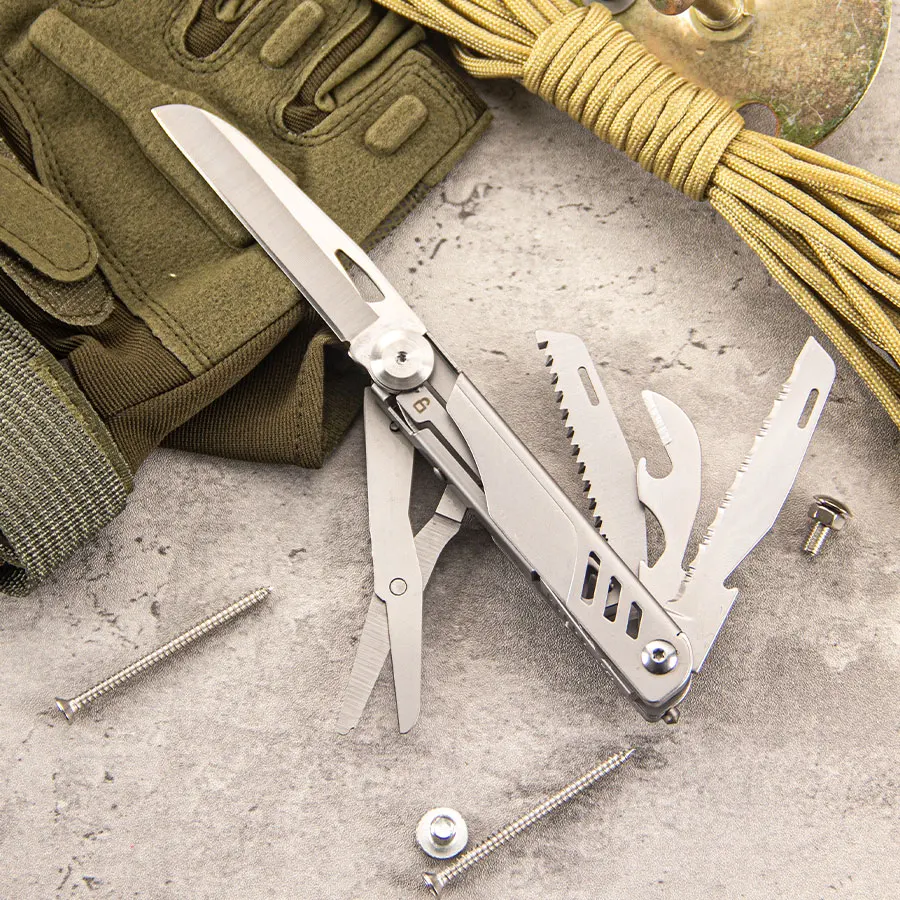 Cuchillo de bolsillo multiherramienta 8 en 1, kit de supervivencia para acampar/enderismo con sierra de acero inoxidable, tijeras, abridor de botellas, pelacables, vidrio