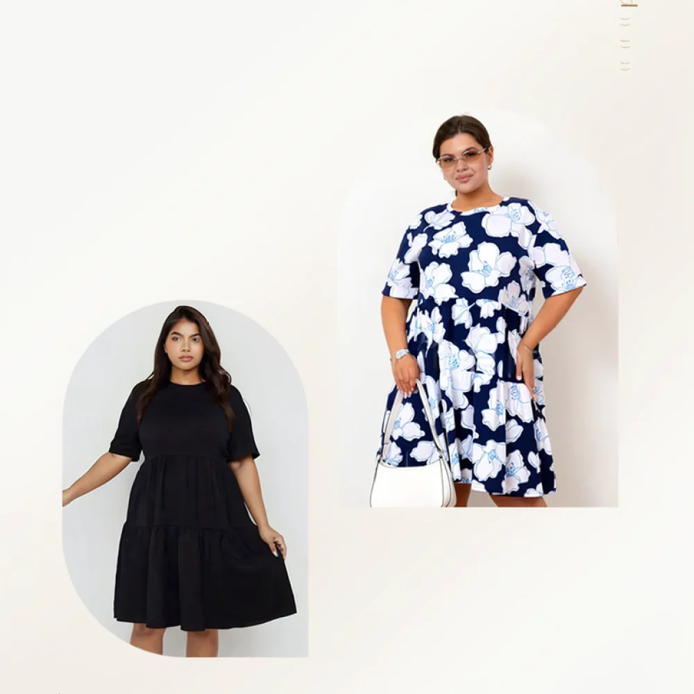 Plus Size Summer Dress Women Casual O Neck Short Sleeve Print Loose Fit Elegant Soft Fashion Daily Style Clothing