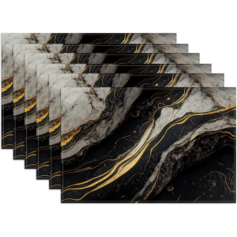VIKAMA Abstract Marble Placemats Set Gold & Black Waterproof Non-Slip Table Mats Washable Kitchen Dining Party Wedding Decor